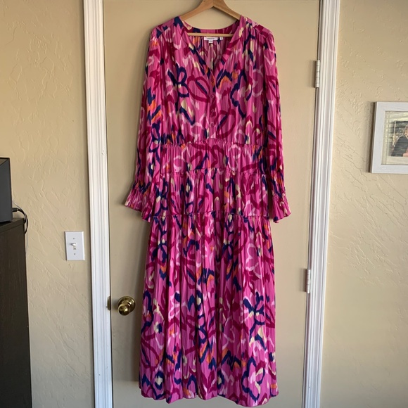 Chico's Pink Artsy Print Tiered Maxi Dress Sz.2 or 12 V- neck LS Lined Colorful - Picture 13 of 13